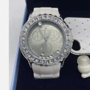 Gracie Lynn Watch White Buckle Band Round Face Silver Toned Rhinestones